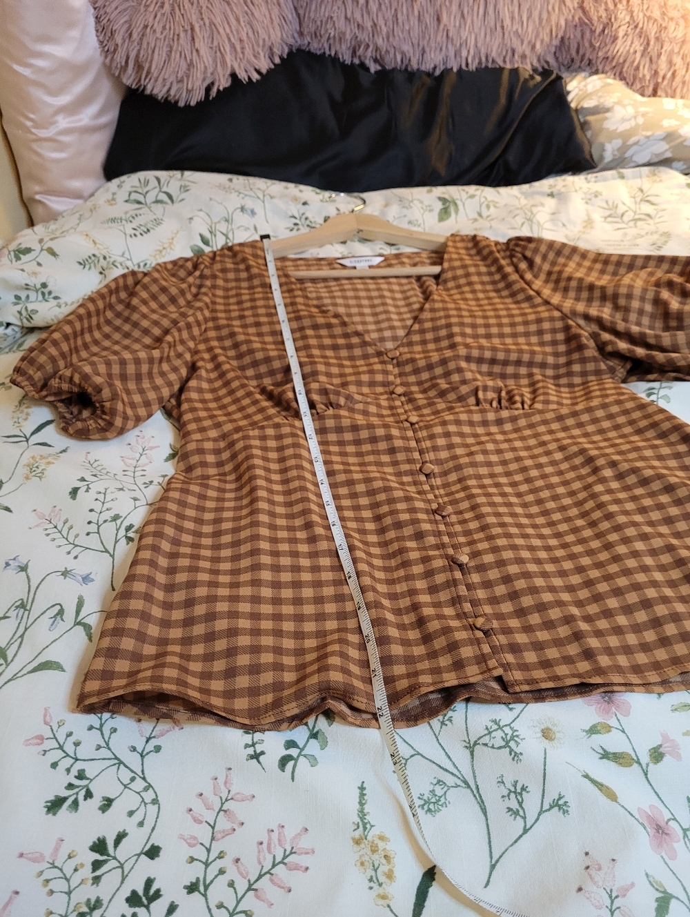 Orange Gingham Button-Front Puff Sleeve Top - Picture 6 of 7
